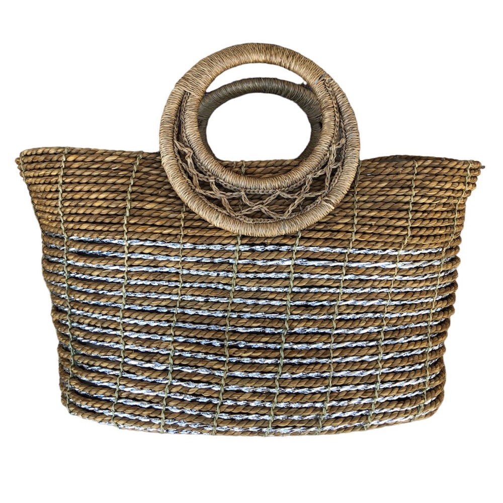 Cappelli Straworld Inc. Natural Silver Straw Lined Zippered Basket Tote Bag